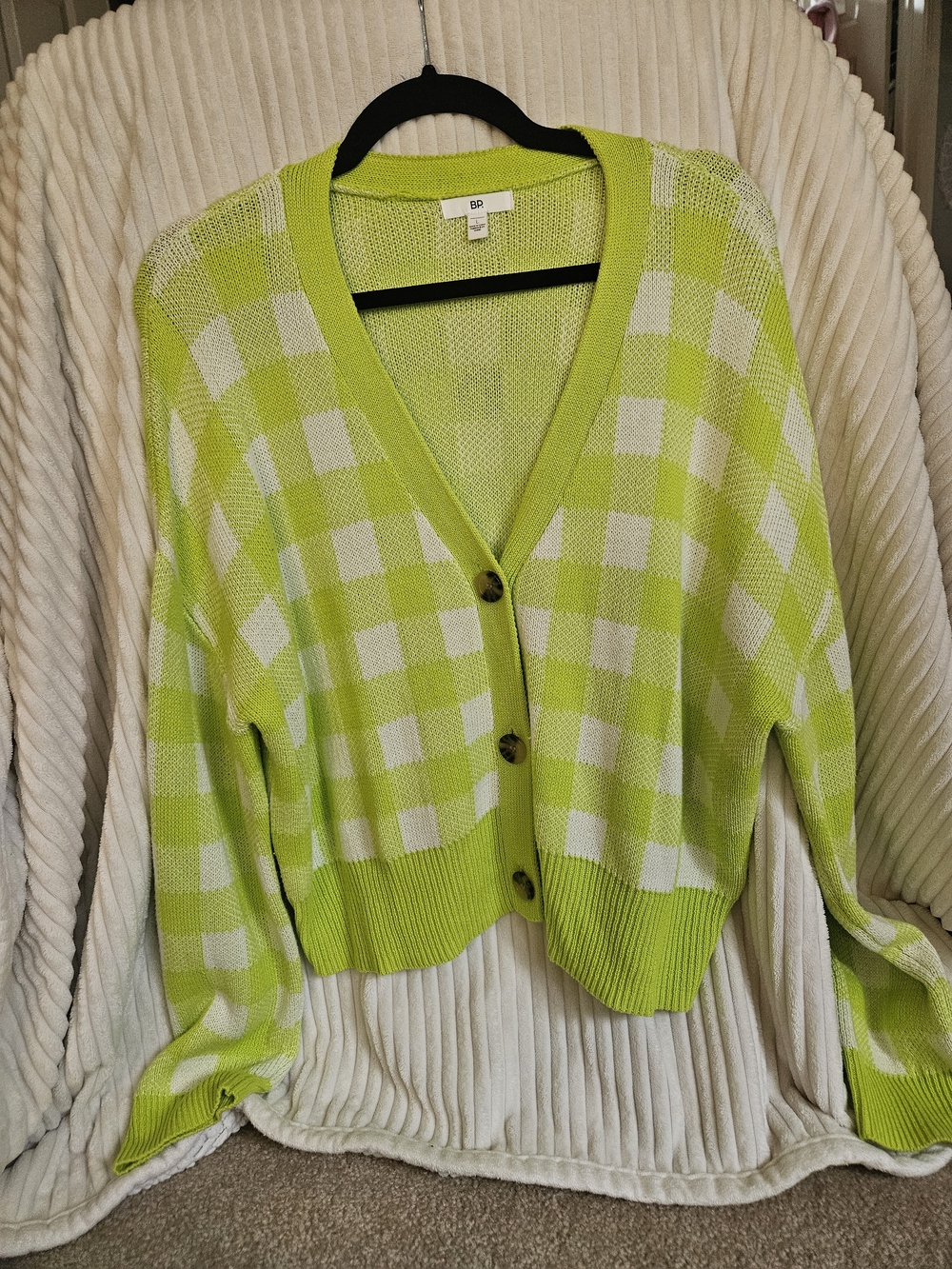 bp Lime Green and White Checkered V-Neck Button-Up Cardigan